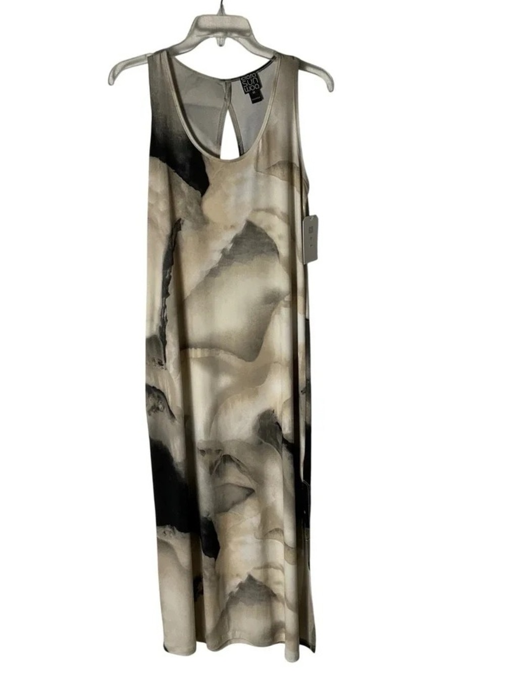 LOGO by Lori Goldstein Marble-Print Sleeveless Maxi Dress in Beige, Gray, Black